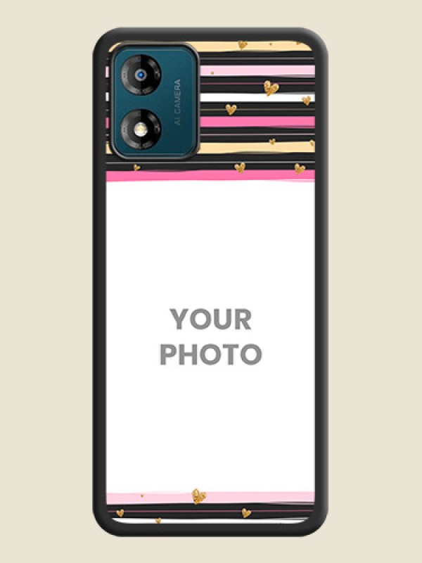 Custom Multicolor Lines and Golden Love Symbols Design on Photo on Space Black Soft Matte Mobile Cover - Motorola Moto E13 - alternate view