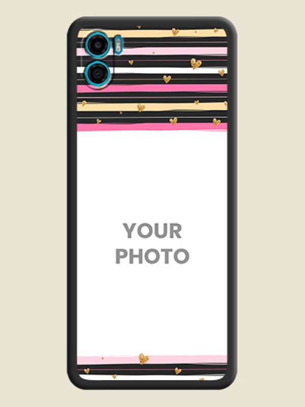 Custom Multicolor Lines and Golden Love Symbols Design on Photo on Space Black Soft Matte Mobile Cover - Motorola Moto E22s - alternate view