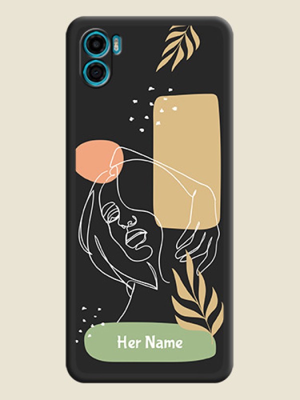 Custom Custom Text With Line Art Of Women & Leaves Design On Space Black Personalized Soft Matte Phone Covers -Motorola Moto E22S - alternate view