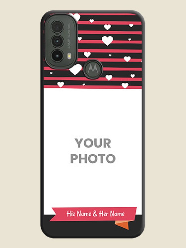 Custom White Color Love Symbols with Pink Lines Pattern On Space Black Custom Soft Matte Mobile Back Cover - Motorola Moto E30 - alternate view