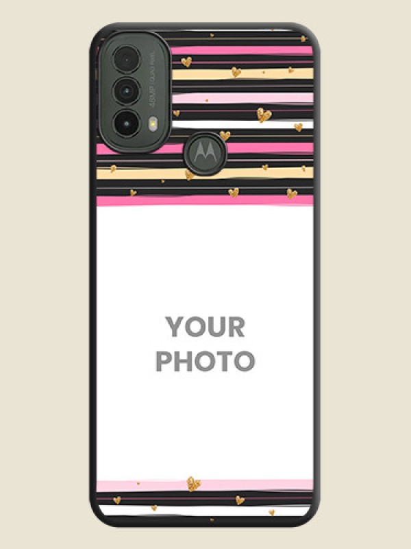 Custom Multicolor Lines and Golden Love Symbols Design on Photo On Space Black Custom Soft Matte Mobile Back Cover - Motorola Moto E30 - alternate view