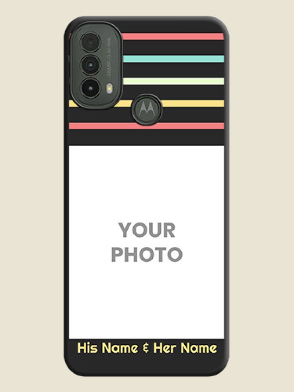 Custom Color Stripes with Photo and Text on Photo On Space Black Custom Soft Matte Mobile Back Cover - Motorola Moto E30 - alternate view