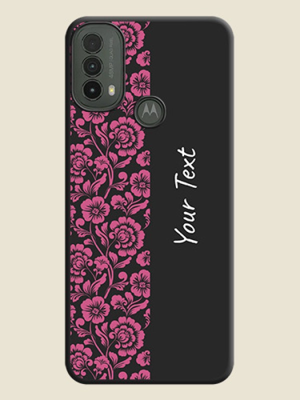 Custom Pink Floral Pattern Design With Custom Text On Space Black Custom Soft Matte Mobile Back Cover - Motorola Moto E30 - alternate view