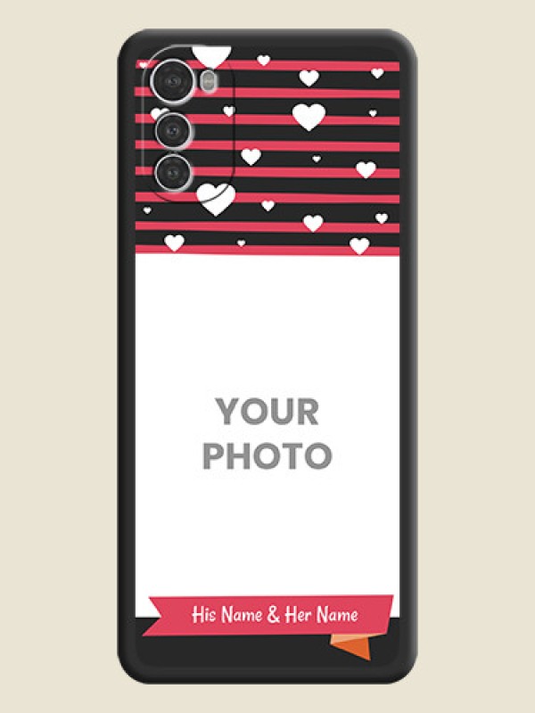 Custom White Color Love Symbols with Pink Lines Pattern on Space Black Custom Soft Matte Phone Cases - Motorola Moto E32s - alternate view