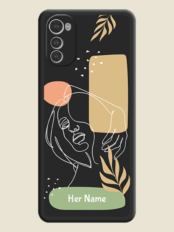 Custom Custom Text With Line Art Of Women & Leaves Design On Space Black Personalized Soft Matte Phone Covers -Motorola Moto E32S - alternate view