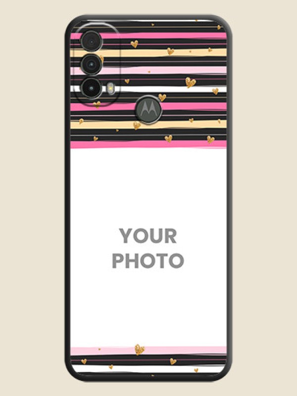 Custom Multicolor Lines and Golden Love Symbols Design on Photo on Space Black Soft Matte Mobile Cover - Moto E40 - alternate view