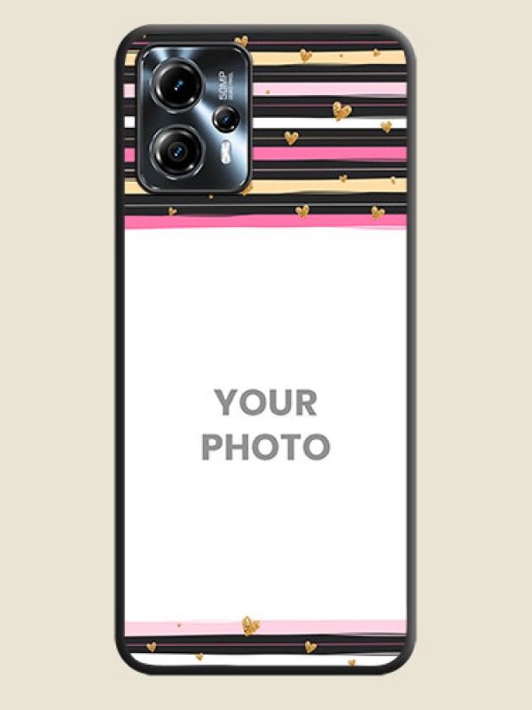 Custom Multicolor Lines and Golden Love Symbols Design on Photo on Space Black Soft Matte Mobile Cover - Moto G13 - alternate view