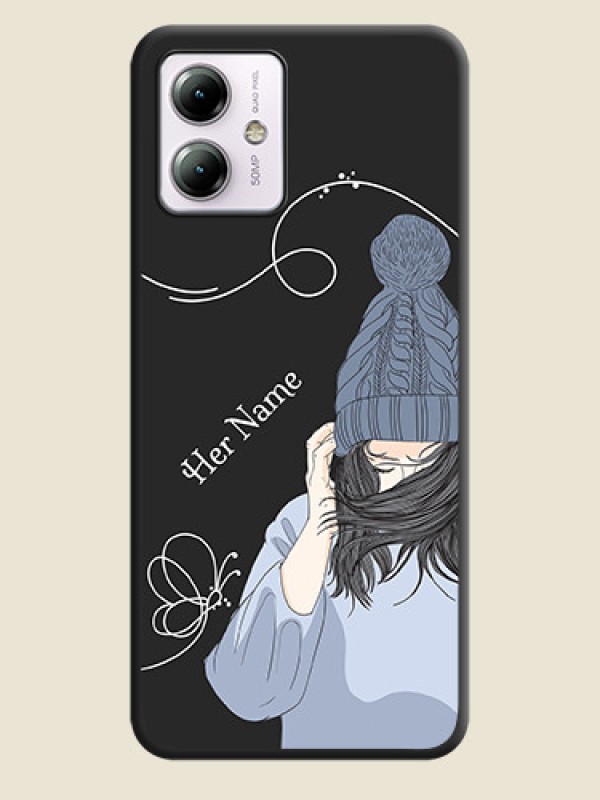 Custom Girl With Blue Winter Outfiit Custom Text Design On Space Black Personalized Soft Matte Phone Covers - Moto G14 - alternate view