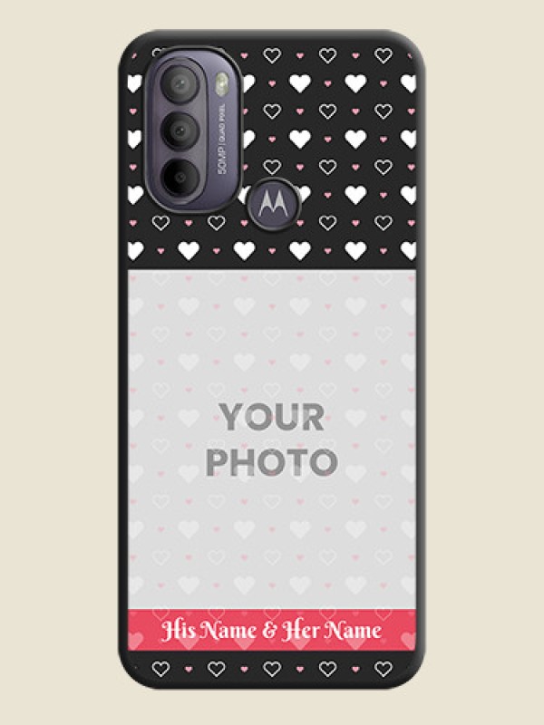 Custom White Color Love Symbols with Text Design on Photo on Space Black Soft Matte Phone Cover - Moto G31 - alternate view