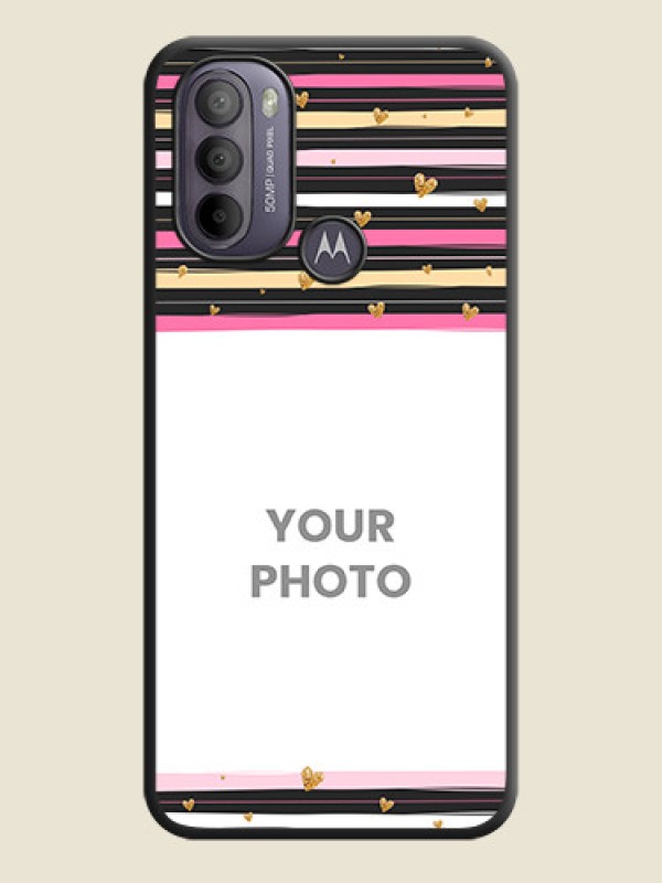 Custom Multicolor Lines and Golden Love Symbols Design on Photo on Space Black Soft Matte Mobile Cover - Moto G31 - alternate view