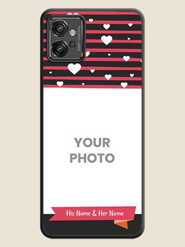 Custom White Color Love Symbols with Pink Lines Pattern on Space Black Custom Soft Matte Phone Cases - Motorola Moto G32 - alternate view