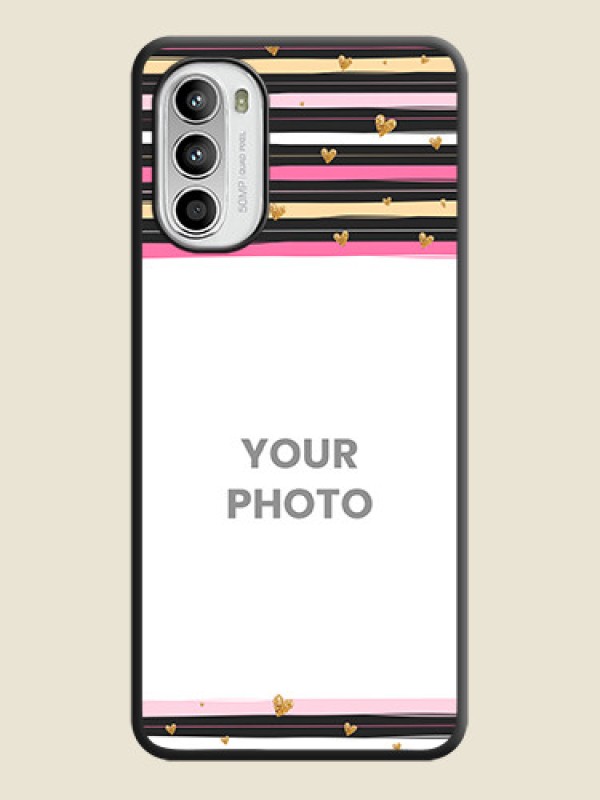Custom Multicolor Lines and Golden Love Symbols Design on Photo on Space Black Soft Matte Mobile Cover - Moto G52 - alternate view