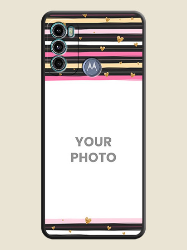 Custom Multicolor Lines and Golden Love Symbols Design on Photo on Space Black Soft Matte Mobile Cover - Motorola Moto G60 - alternate view