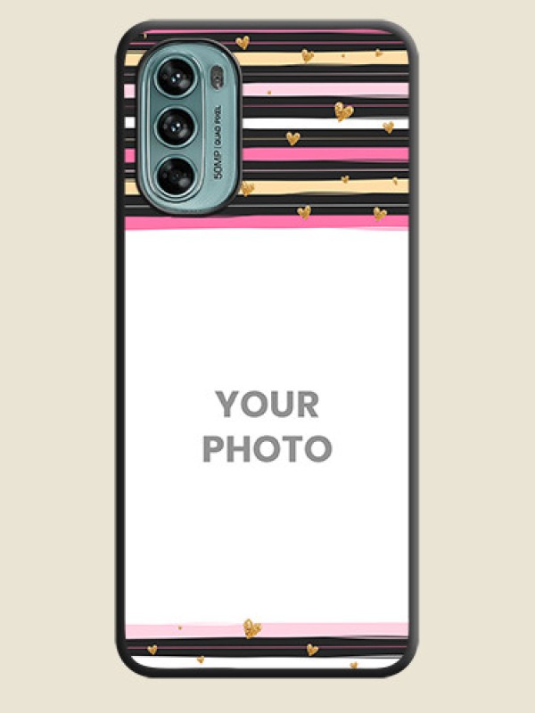 Custom Multicolor Lines and Golden Love Symbols Design on Photo on Space Black Soft Matte Mobile Cover - Moto G62 - alternate view