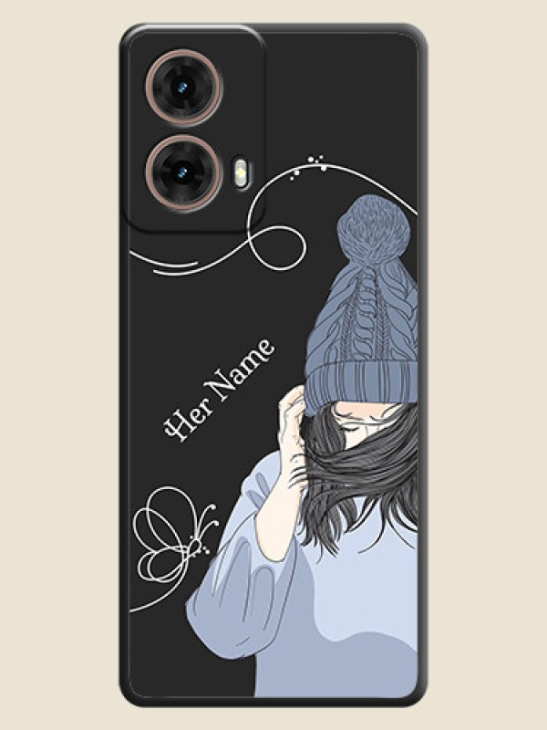 Custom Girl With Blue Winter Outfiit Custom Text Design On Space Black Custom Soft Matte Mobile Back Cover - Motorola Moto G85 5G - alternate view