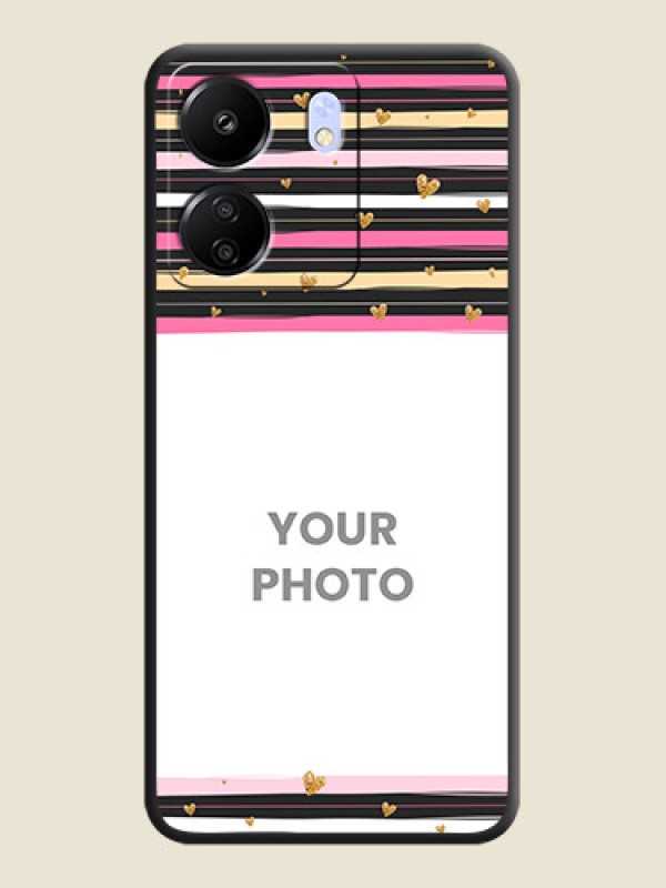 Custom Multicolor Lines and Golden Love Symbols Design on Photo On Space Black Custom Soft Matte Mobile Back Cover - Poco C65 - alternate view