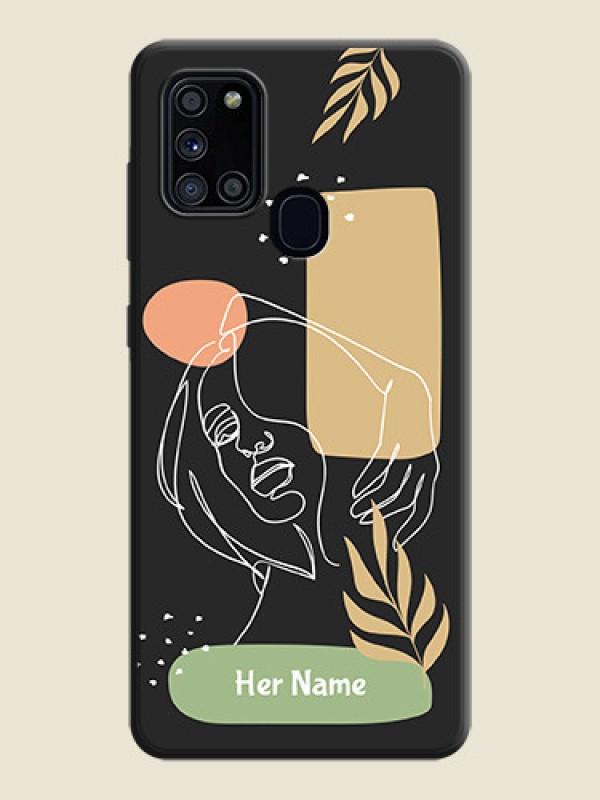Custom Custom Text With Line Art Of Women & Leaves Design On Space Black Personalized Soft Matte Phone Covers -Samsung Galaxy A21S - alternate view