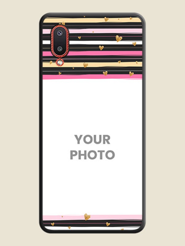 Custom Multicolor Lines and Golden Love Symbols Design on Photo on Space Black Soft Matte Mobile Cover - Galaxy M02 - alternate view