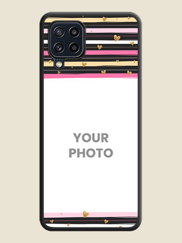 Custom Multicolor Lines and Golden Love Symbols Design on Photo on Space Black Soft Matte Mobile Cover - Galaxy M32 4G Prime Edition - alternate view