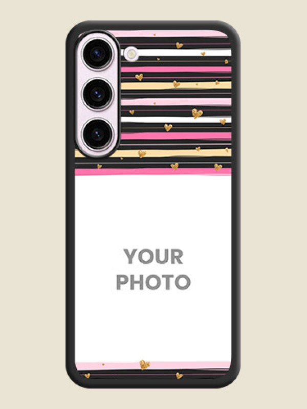 Custom Multicolor Lines and Golden Love Symbols Design on Photo on Space Black Soft Matte Mobile Cover - Samsung Galaxy S23 5G - alternate view