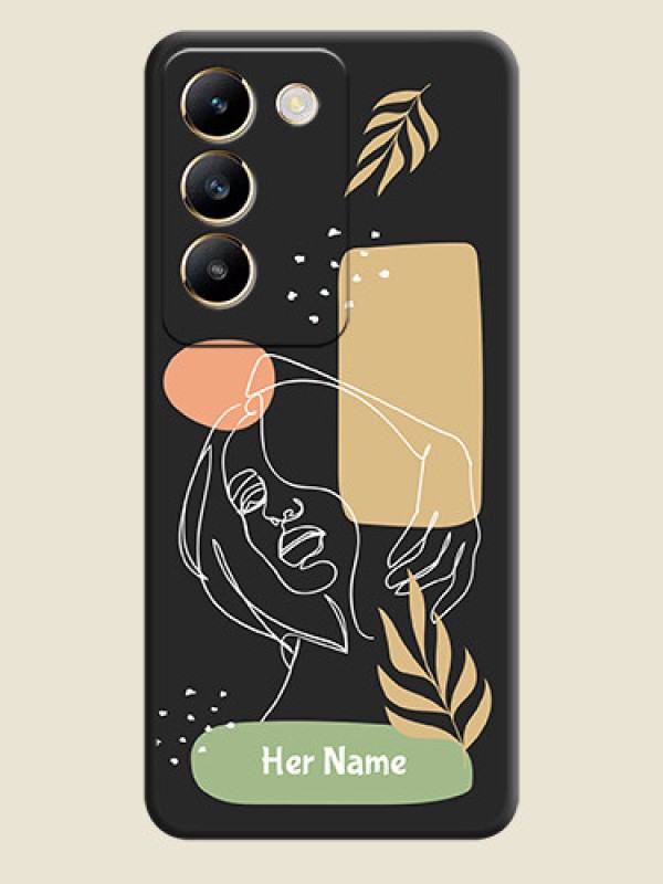 Custom Custom Text With Line Art Of Women & Leaves Design On Space Black Personalized Soft Matte Phone Covers - Vivo T3 5G - alternate view