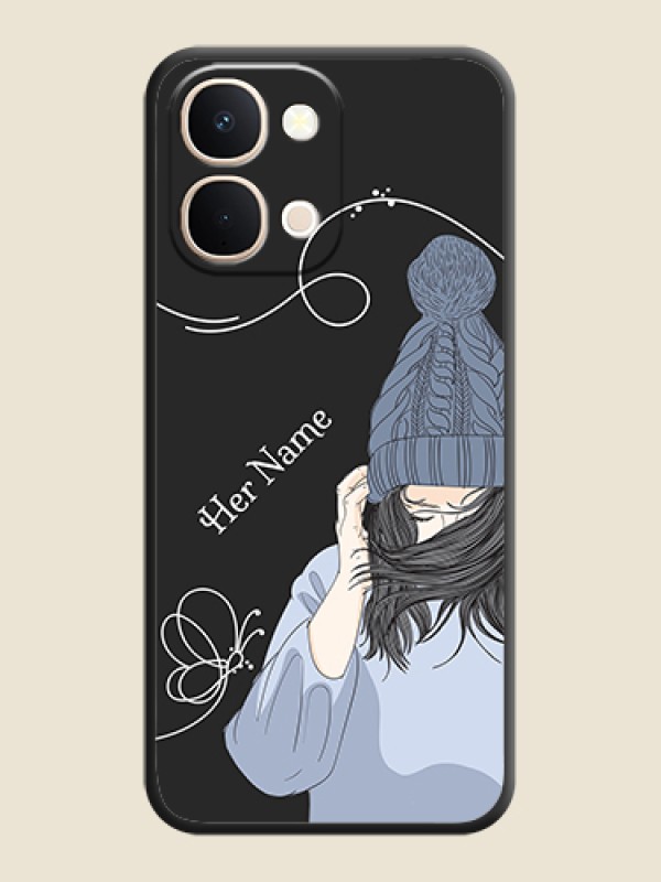 Custom Girl With Blue Winter Outfiit Custom Text Design On Space Black Custom Soft Matte Mobile Back Cover - Vivo T5X 5G - alternate view