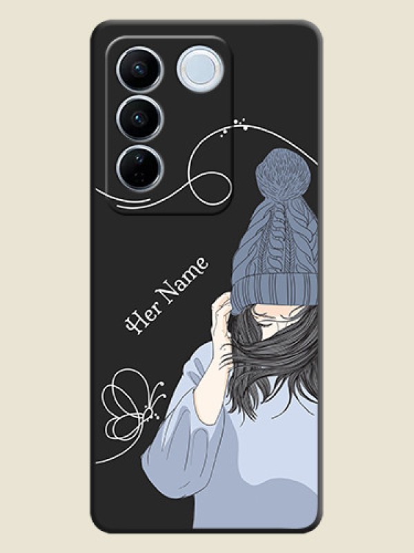 Custom Girl With Blue Winter Outfiit Custom Text Design On Space Black Personalized Soft Matte Phone Covers -Vivo V27 Pro - alternate view