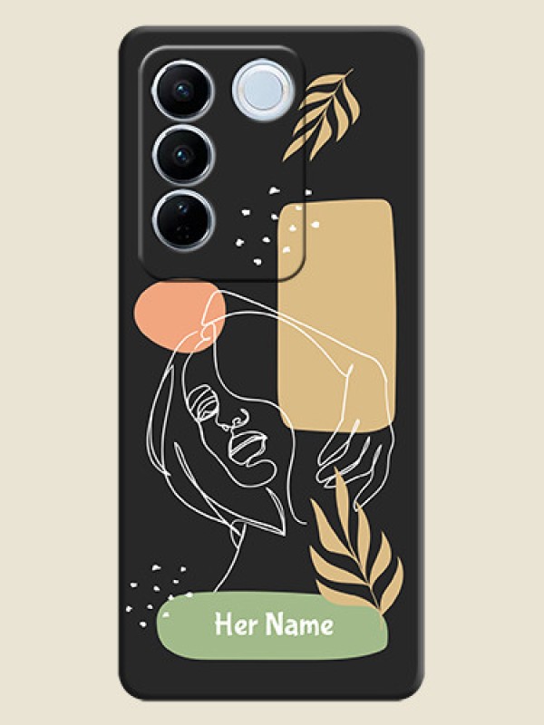 Custom Custom Text With Line Art Of Women & Leaves Design On Space Black Personalized Soft Matte Phone Covers -Vivo V27 - alternate view