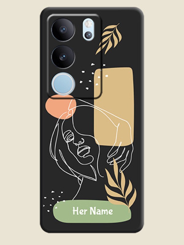 Custom Custom Text With Line Art Of Women & Leaves Design On Space Black Custom Soft Matte Mobile Back Cover - Vivo V29 5G - alternate view