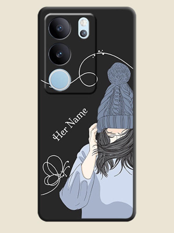 Custom Girl With Blue Winter Outfiit Custom Text Design On Space Black Custom Soft Matte Mobile Back Cover - Vivo V29 Pro 5G - alternate view