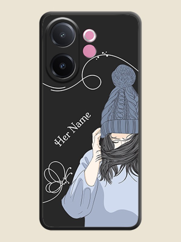 Custom Girl With Blue Winter Outfiit Custom Text Design On Space Black Custom Soft Matte Mobile Back Cover - Vivo V60e 5G - alternate view