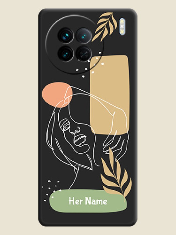 Custom Custom Text With Line Art Of Women & Leaves Design On Space Black Personalized Soft Matte Phone Covers -Vivo X90 5G - alternate view