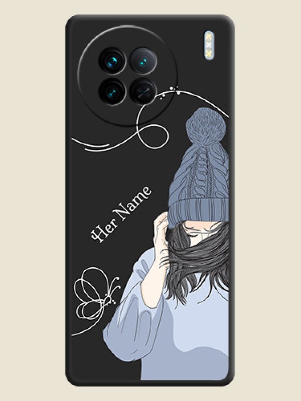 Custom Girl With Blue Winter Outfiit Custom Text Design On Space Black Personalized Soft Matte Phone Covers -Vivo X90 5G - alternate view