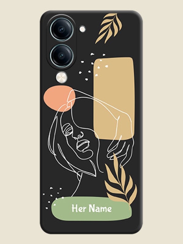 Custom Custom Text With Line Art Of Women & Leaves Design On Space Black Custom Soft Matte Mobile Back Cover - Vivo Y19 5G - alternate view
