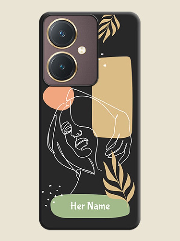 Custom Custom Text With Line Art Of Women & Leaves Design On Space Black Personalized Soft Matte Phone Covers - Vivo Y27 - alternate view