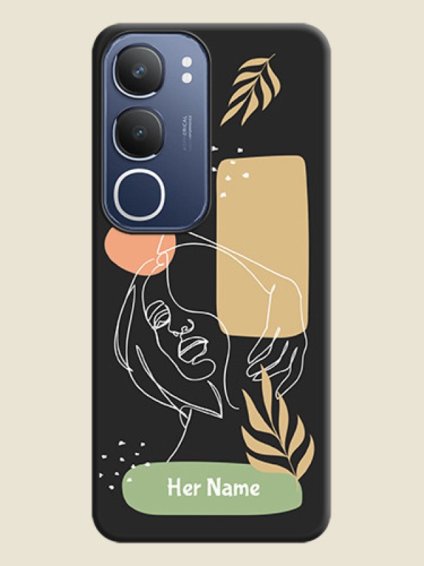 Custom Custom Text With Line Art Of Women & Leaves Design On Space Black Custom Soft Matte Mobile Back Cover - Vivo Y29 5G - alternate view