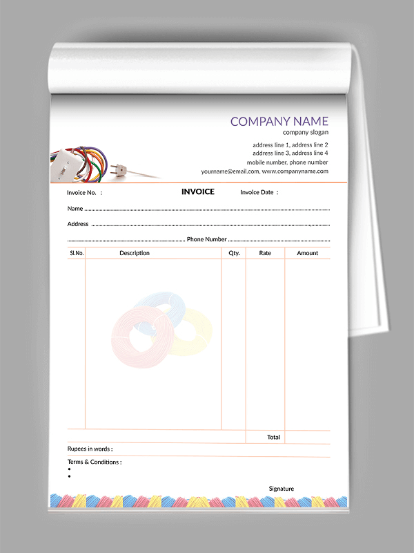Custom electrical shop Bill Book Design