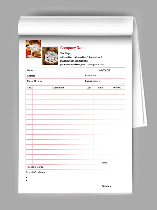 Custom Sweet Shop Bill Book Design