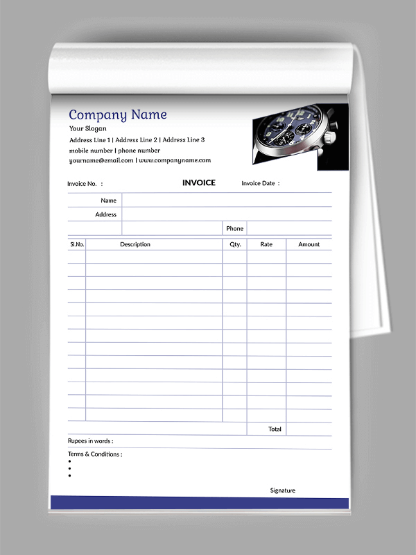 Custom Watch Shop Bill Book Design
