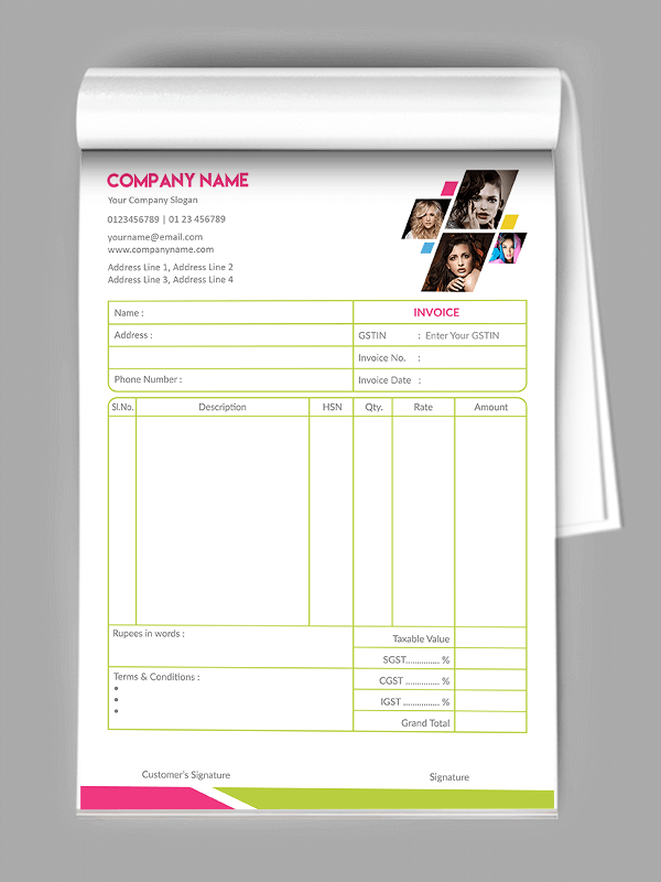 Custom Pink Aand Green Bill Book