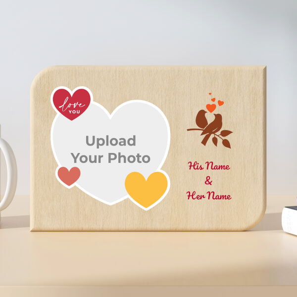 Custom Couple Love Birds Design Landscape Wooden Photo Stand