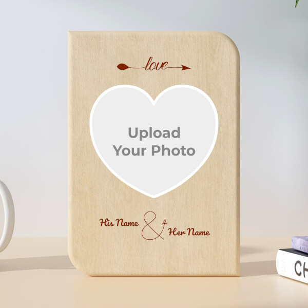 Custom Couple Cupid Arrow Design Portrait Wooden Photo Stand