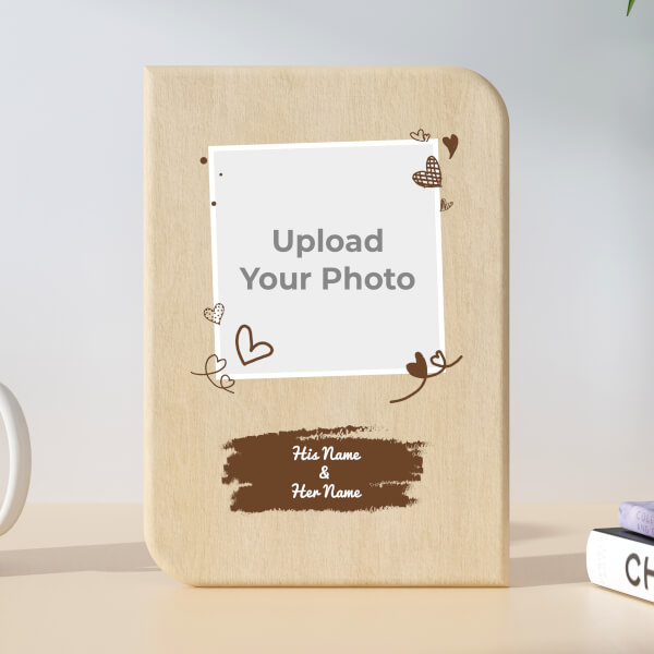 Custom Couple Floating Hearts and Paint Brush Style Design Portrait Wooden Photo Stand