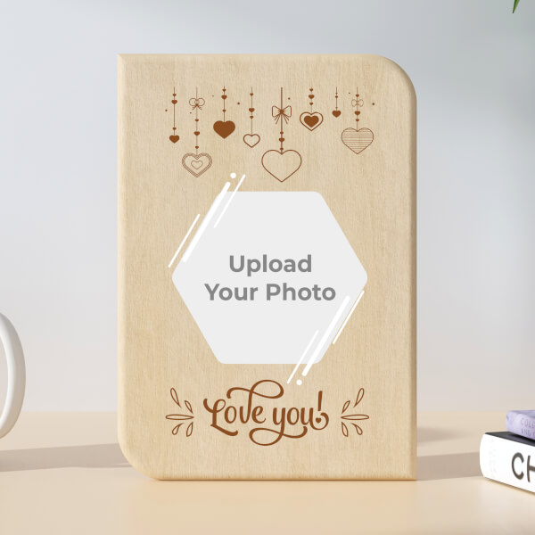 Custom Couple Hanging Hearts Hexagon Style Design Portrait Wooden Photo Stand